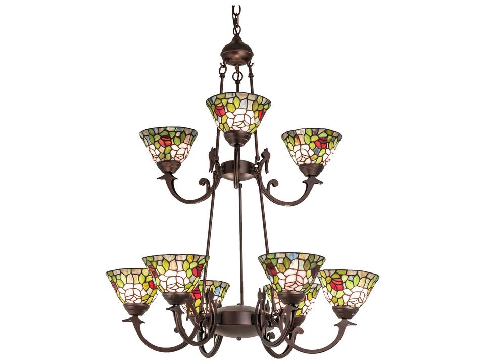 Tiffany Roman 9-Light Tiered Chandelier in Mahogany Bronze with Stained Glass
