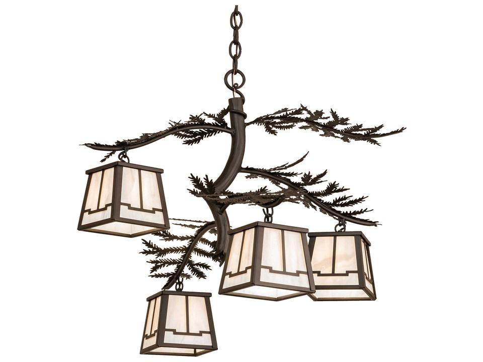 Pine Branch Valley View 4-Light Lantern Chandelier in Oil Rubbed Bronze with Black Glass Panels