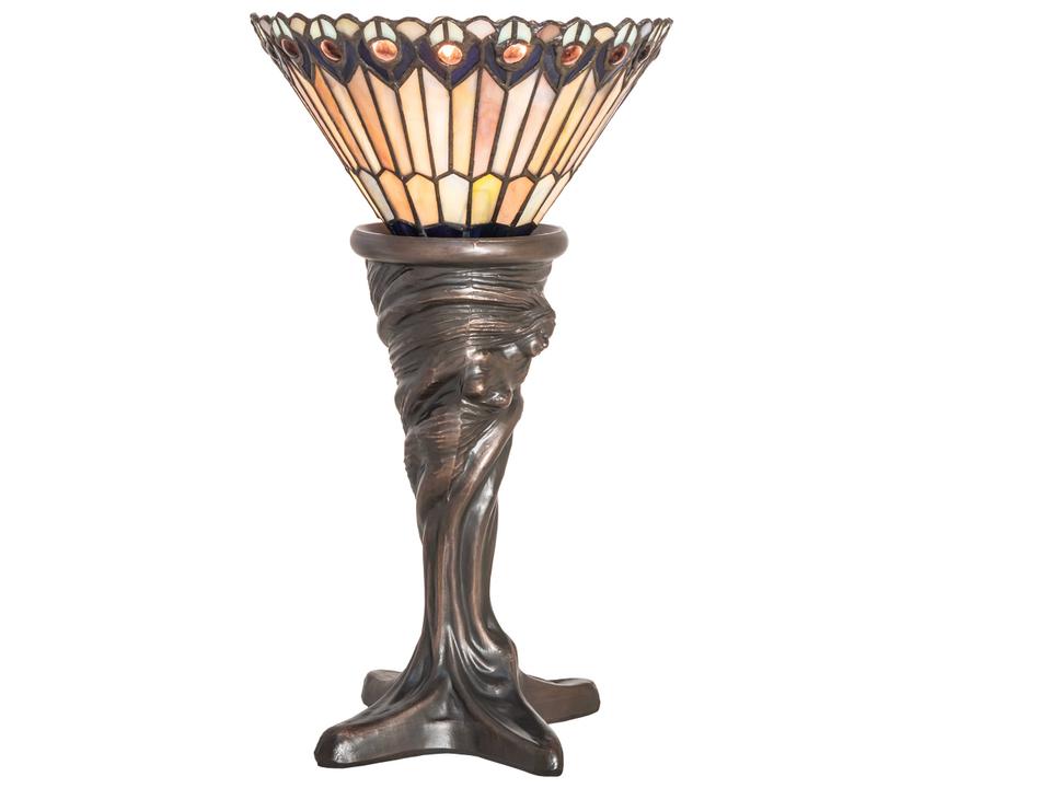 Tiffany Jeweled Peacock Accent Table Lamp in Mahogany Bronze Glass