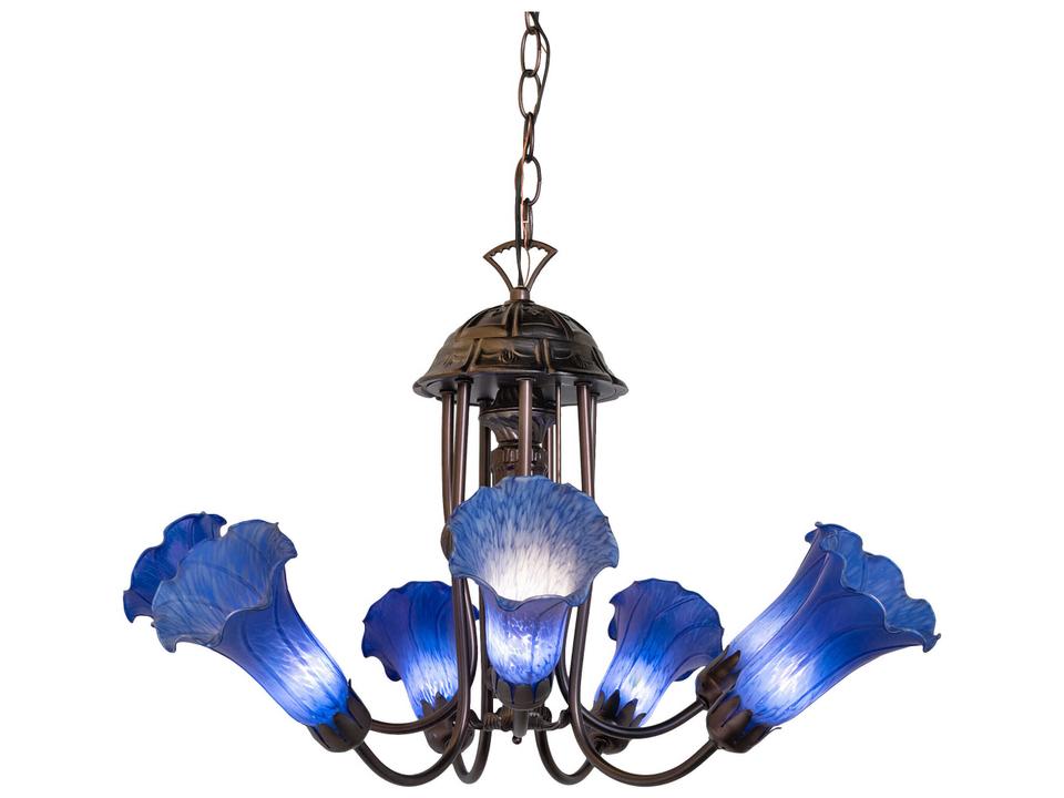 Tiffany Pond Lily 7-Light Chandelier with Blue Art Glass Shades in Mahogany Bronze