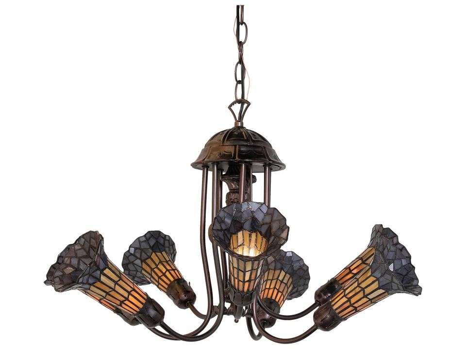 Tiffany 7-Light Stained Glass Pond Lily Chandelier with Honey and Purple Art Glass