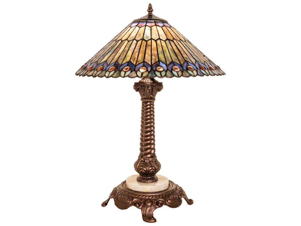 Tiffany Jeweled Peacock One-Light Table Lamp with Mahogany Bronze Base