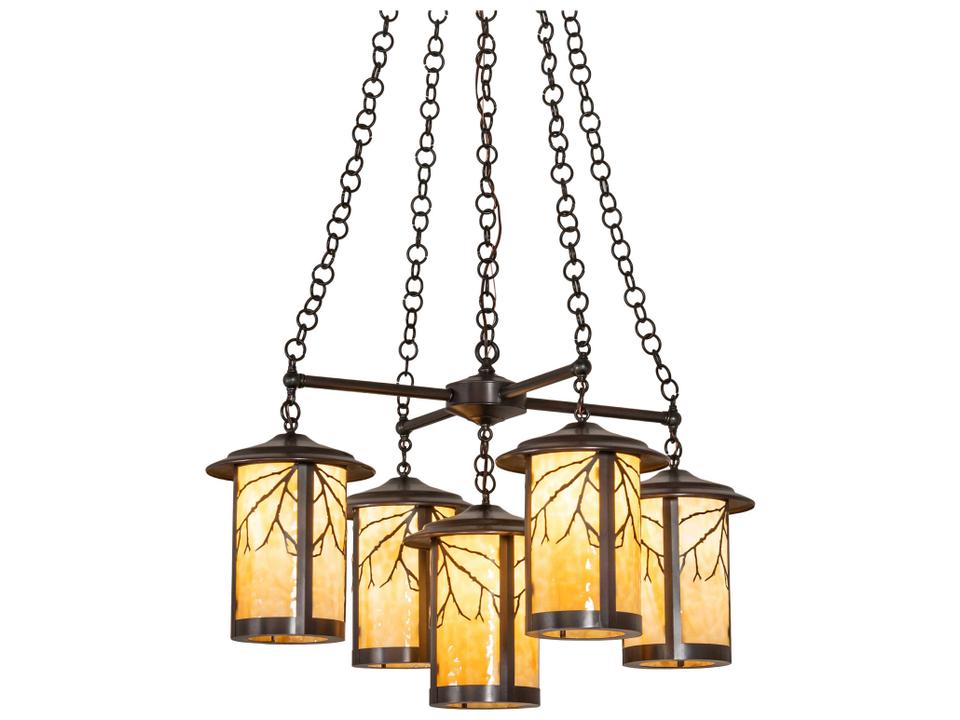 5-Light Fulton Craftsman Brown Chandelier with Beige Art Glass