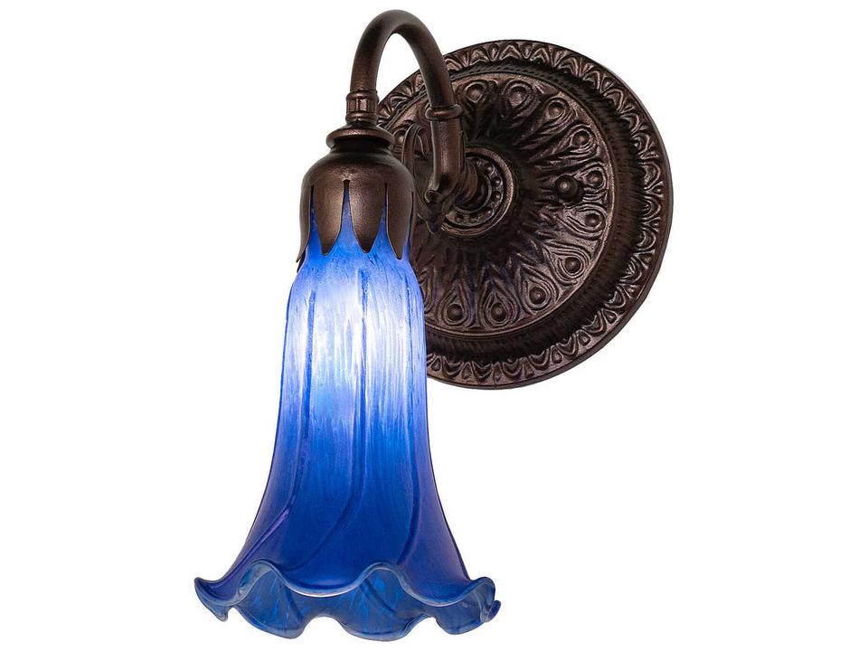 Tiffany One-Light Pond Lily Wall Sconce in Mahogany Bronze with Blue Favrile Glass