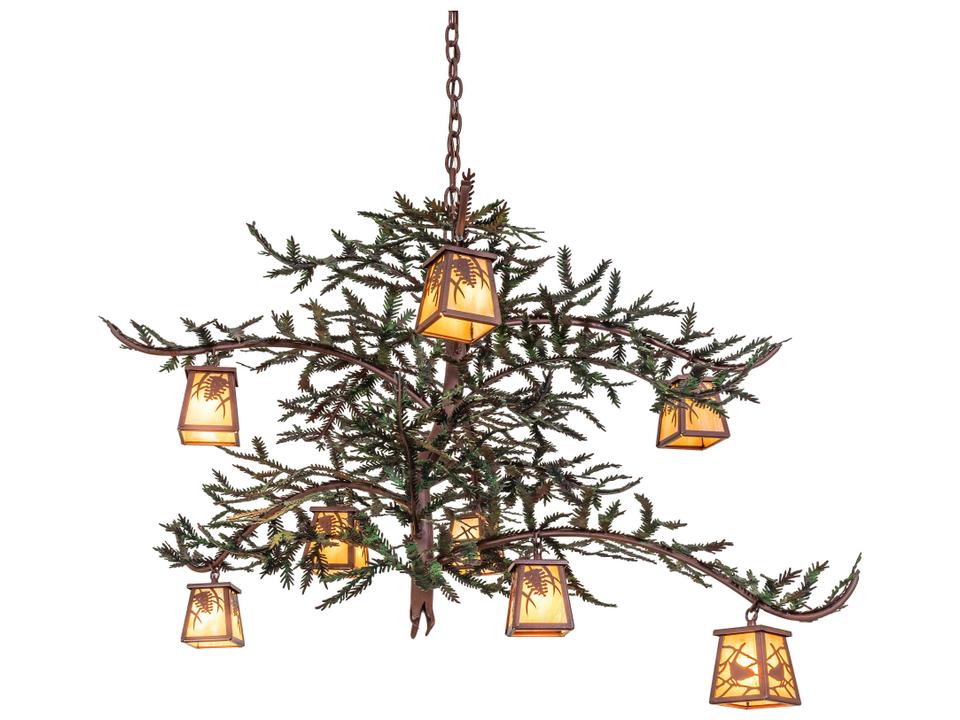 Pine Branch 8-Light Chandelier with Rust Green Branches and Iridescent Glass