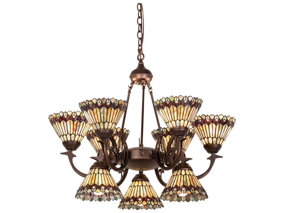 Tiffany Jeweled Peacock 9-Light Chandelier in Mahogany Bronze