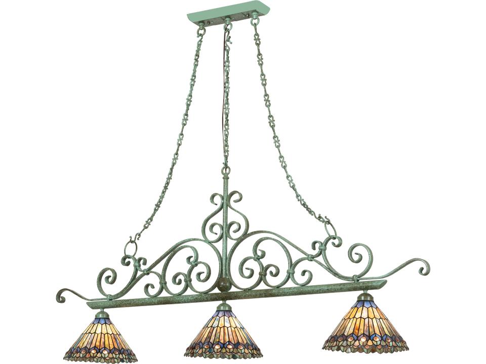 Tiffany Jeweled Peacock 3-Light Green Traditional Linear Island Pendant