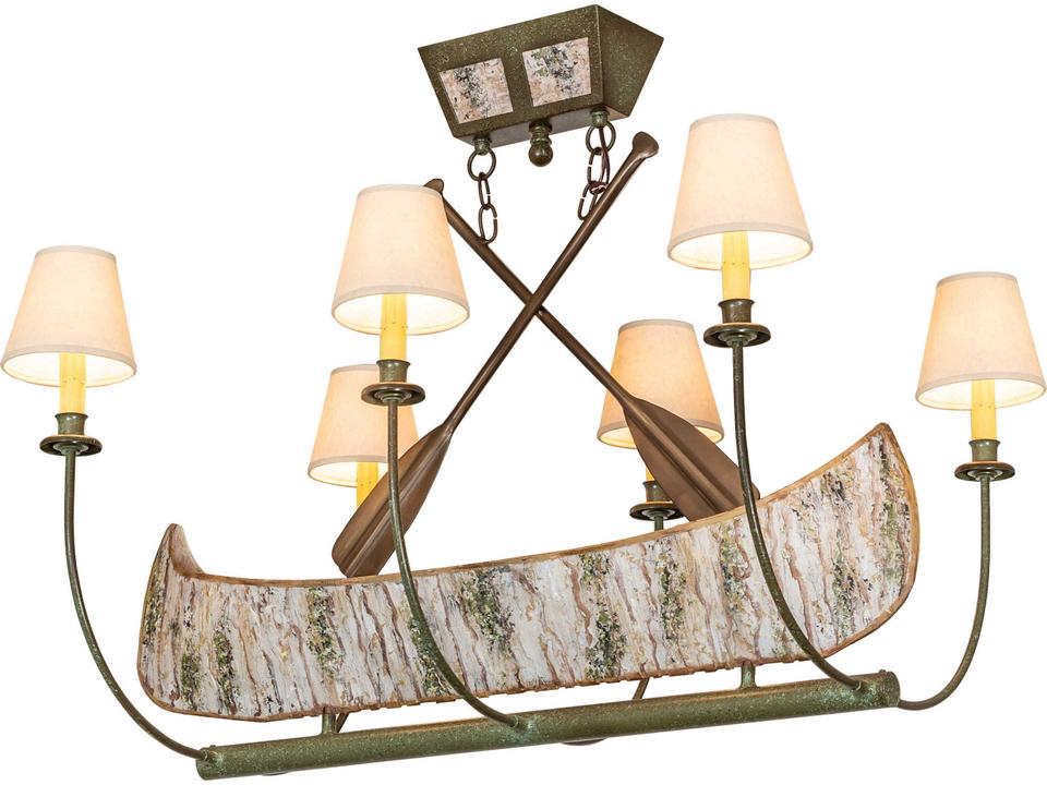 Canoe 6-Light Linear Chandelier in Tarnished Copper with Parchment Shades
