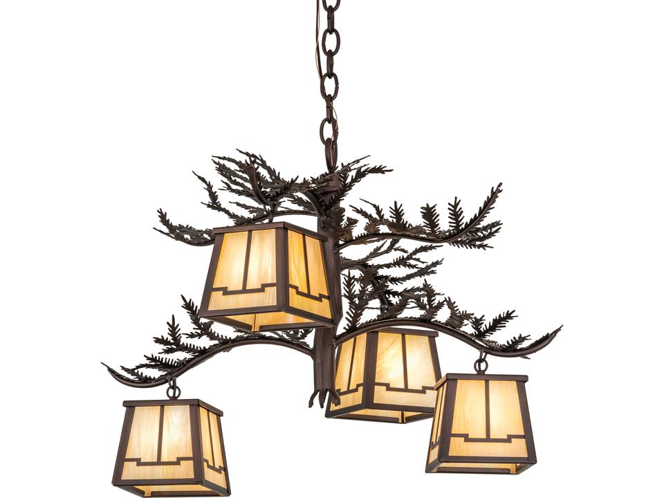 Pine Branch 4-Light Beige Iridescent Glass Bronze Geometric Chandelier