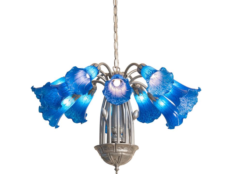 Blue Tiffany Pond Lily 12-Light Chandelier in Mahogany Bronze