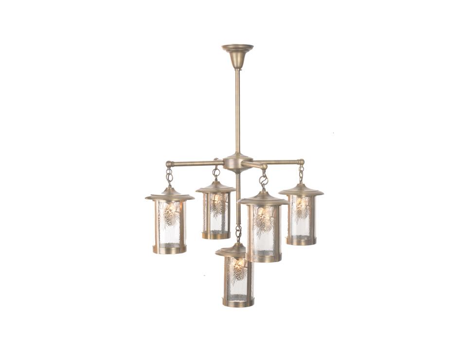 Winter Pine 5-Light Antique Brass Glass Lantern Chandelier