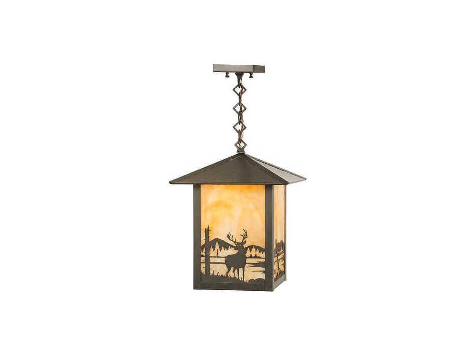 Seneca 1-Light Outdoor Square Pendant in Craftsman Brown with Beige Art Glass