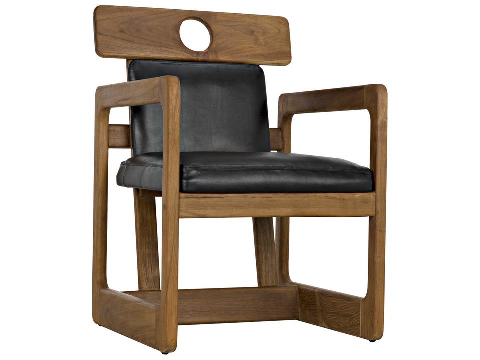 Buraco Leather Teak Wood Upholstered Arm Dining Chair in Black