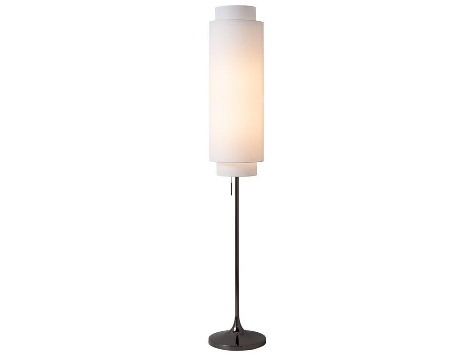 Lollipop 1-Light Mid-Century Floor Lamp in Black Nickel with Double-Stacked White Linen Shade