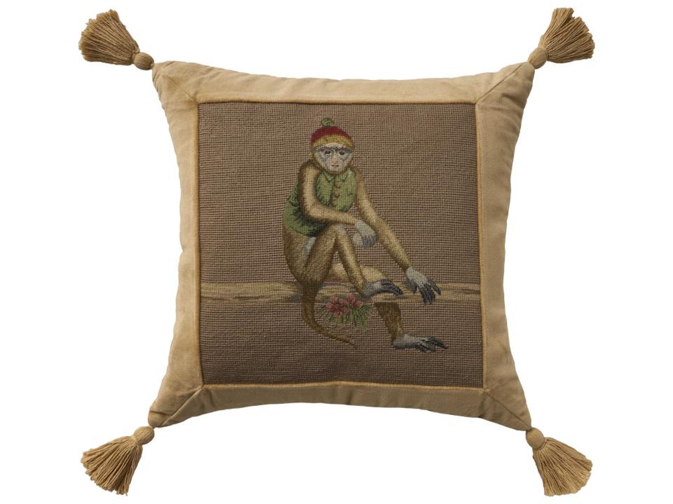 Mina Victory Vintage Red Hat Monkey Square Throw Pillow in Taupe
