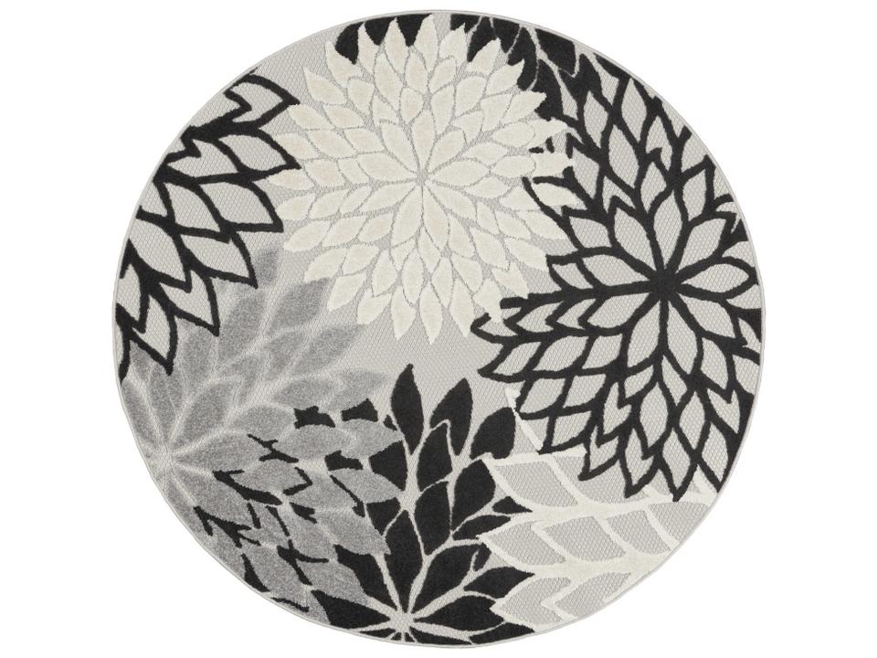 Aloha Floral Indoor Outdoor Round Area Rug in Black White Grey