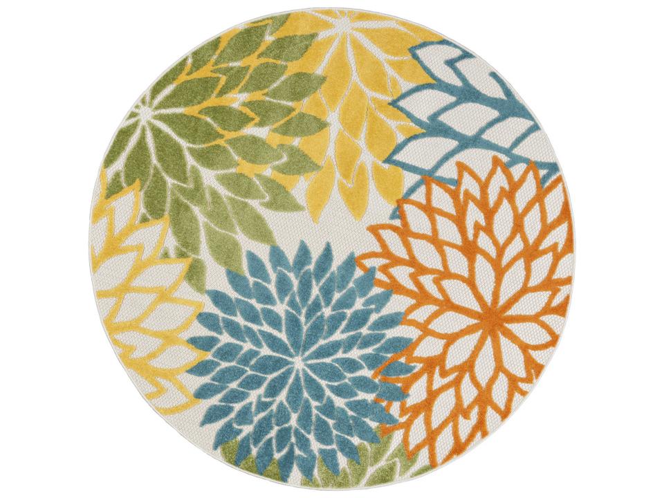 Aloha ALH05 Floral Indoor Outdoor Round Area Rug in Turquoise Multi