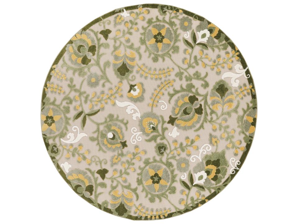 Aloha ALH17 Round Indoor Outdoor Area Rug in Ivory Green Floral