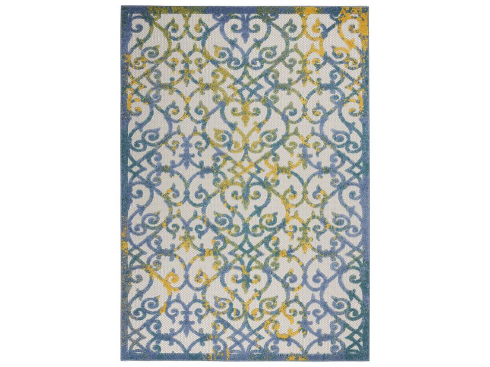 Aloha Ivory Blue Indoor Outdoor Rectangle Area Rug with Scrolling Floral Design