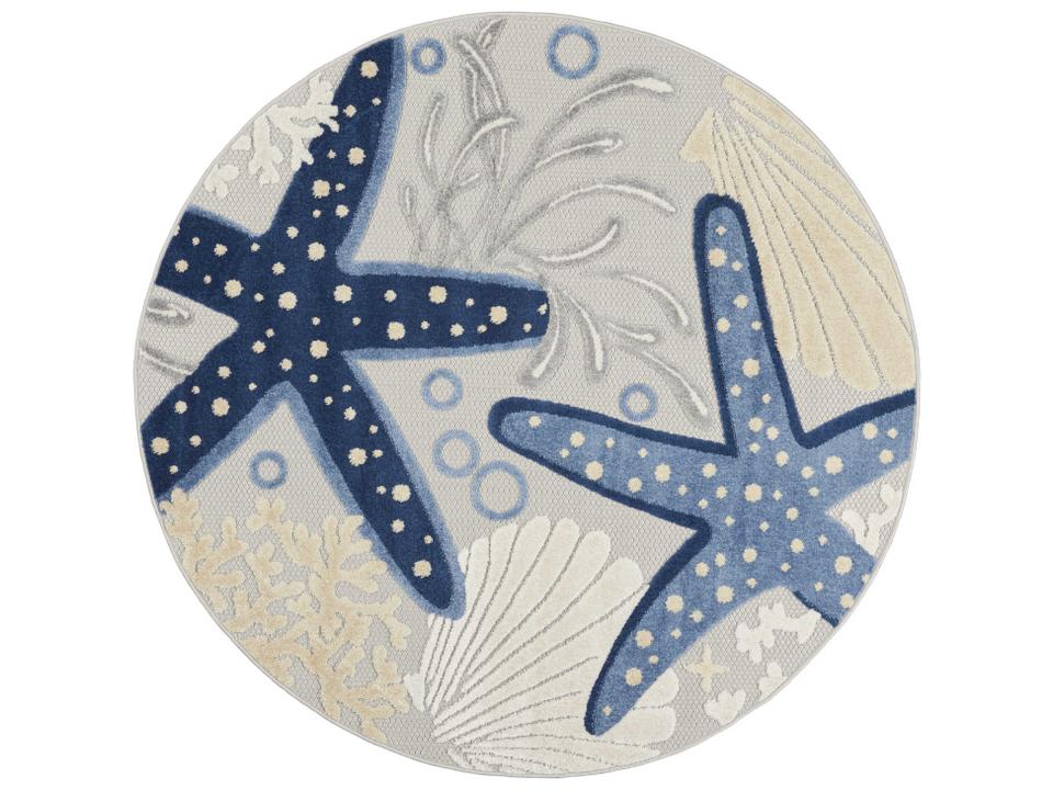Aloha Round Area Rug with Coastal Starfish Pattern in Blue Grey