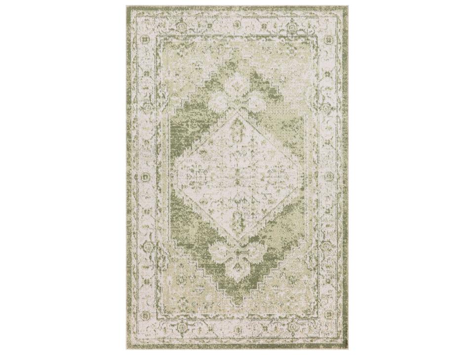 Astra Machine Washable Ivory Green Rectangle Area Rug with Vintage Floral Medallion Pattern