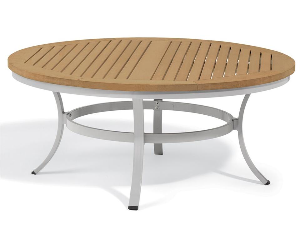 Travira Aluminum Flint Round Teak Top Patio Chat Table with Umbrella Hole
