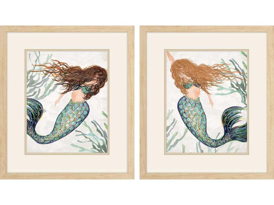 Mermaid Framed Wall Art Set of 2 Natural Wood Finish