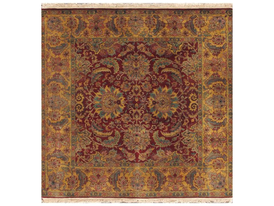 Agra Crown Jewel Bordered Hand-Knotted Area Rug in Red and Gold