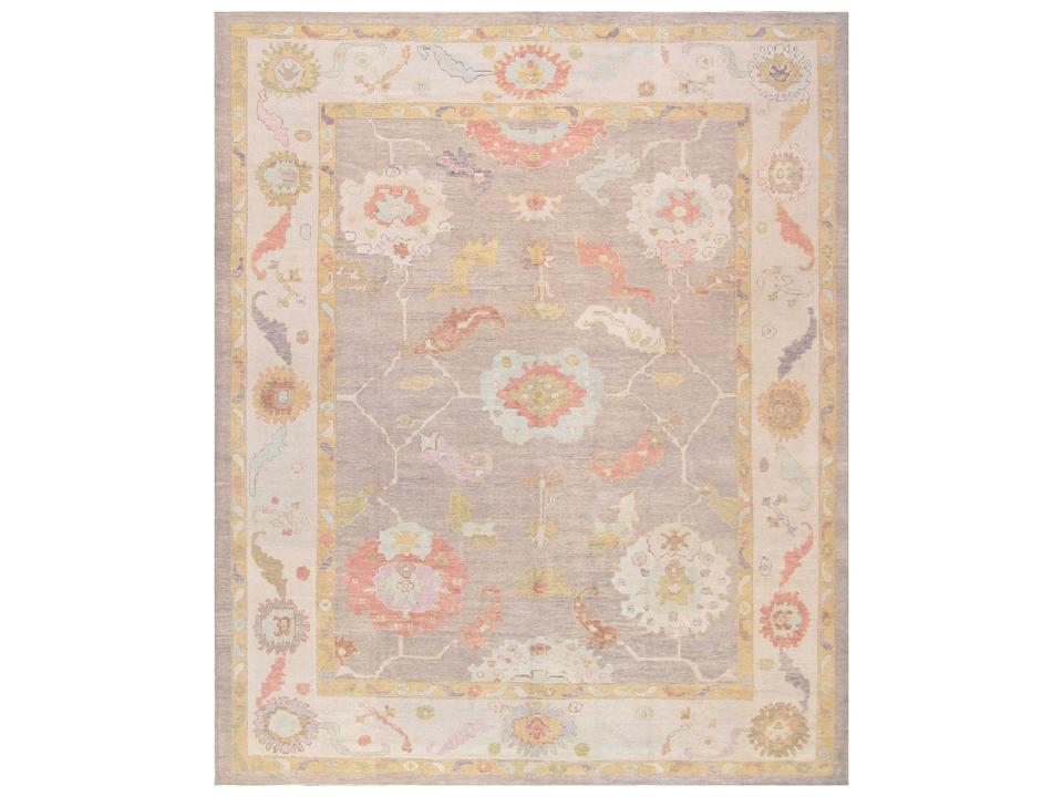 Oushak Hand-Knotted Lamb's Wool Area Rug 12 x 14 Feet Bordered Design