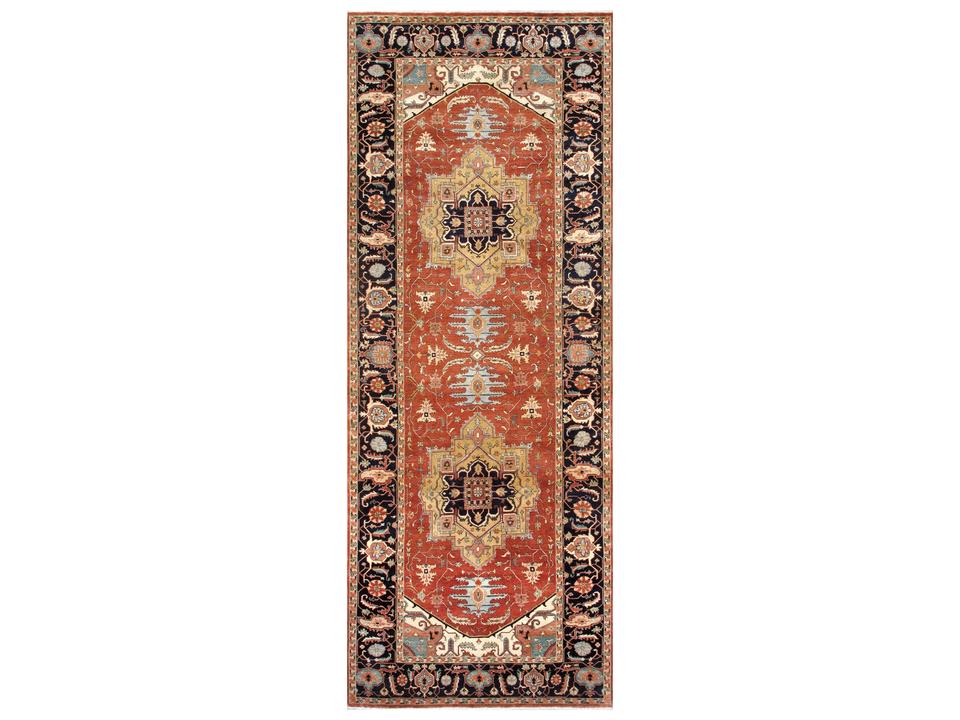 Serapi 6x16 Hand-Knotted Lamb's Wool Runner Area Rug in Rust and Navy