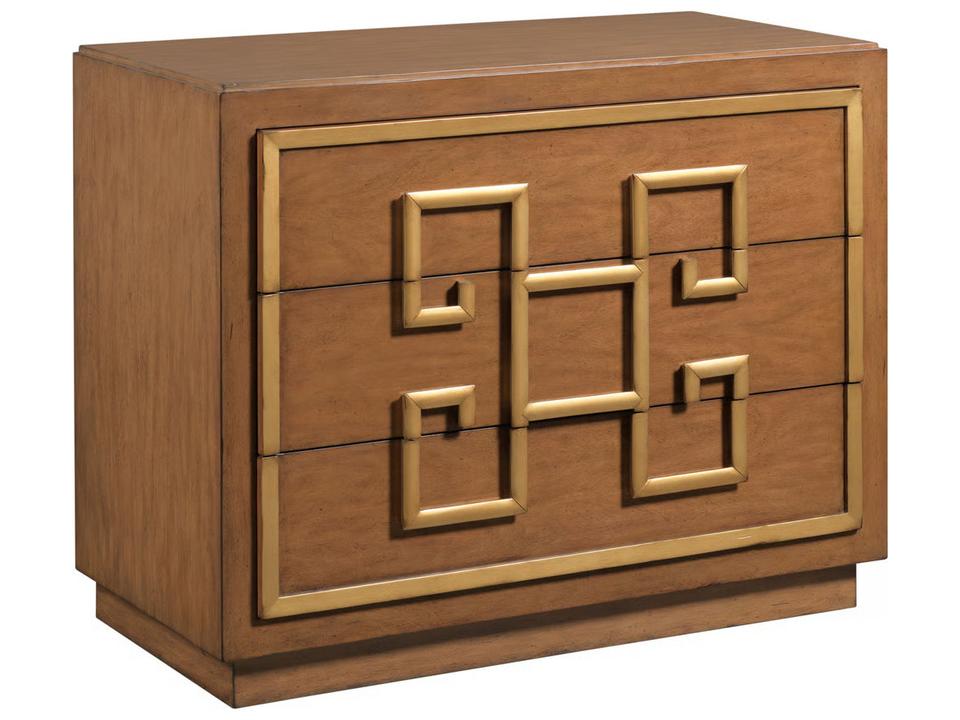 Artisan Brown Walnut Wood Accent Chest with Greek Key Handles