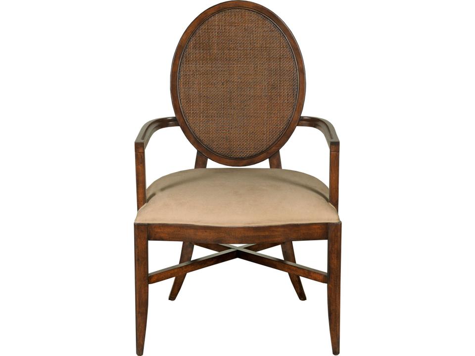 Oval Cane Brown Upholstered Arm Dining Chair