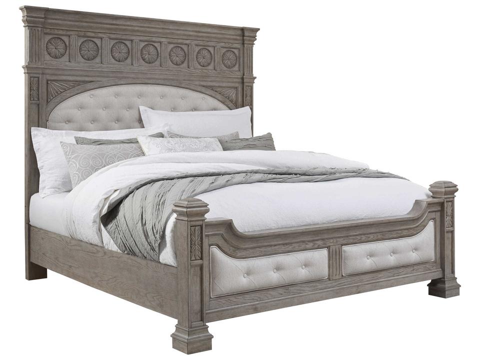 Kingsbury King Panel Bed in Dry French Gray Oak with Tufted Upholstery