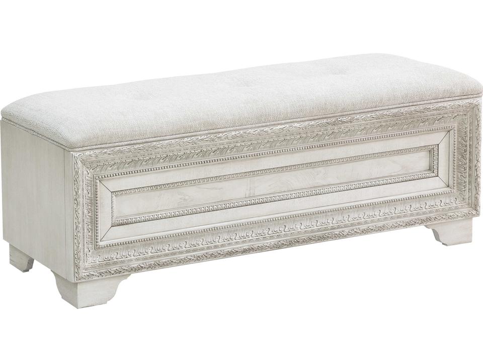 Camila Upholstered Storage Bed Bench with Silver Tipped Moldings in Creamy White