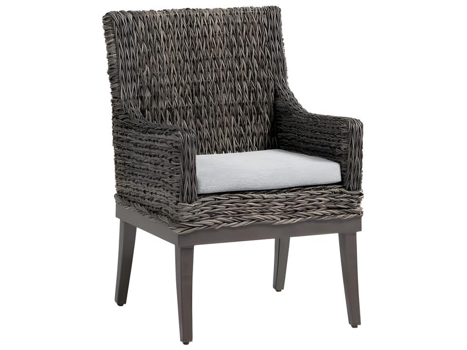 Boston Outdoor Woven Dining Armchair in Smoke Grey HDPE Wicker and Hand-Brushed Aluminum