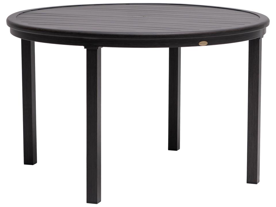 48 inch black iron patio table with umbrella hole PHI VILLA Round w/Umbrella Hole, Metal Table for 4, Metal Woven Wicker/Rattan Mondawe Aluminum Round Outdoor Dining