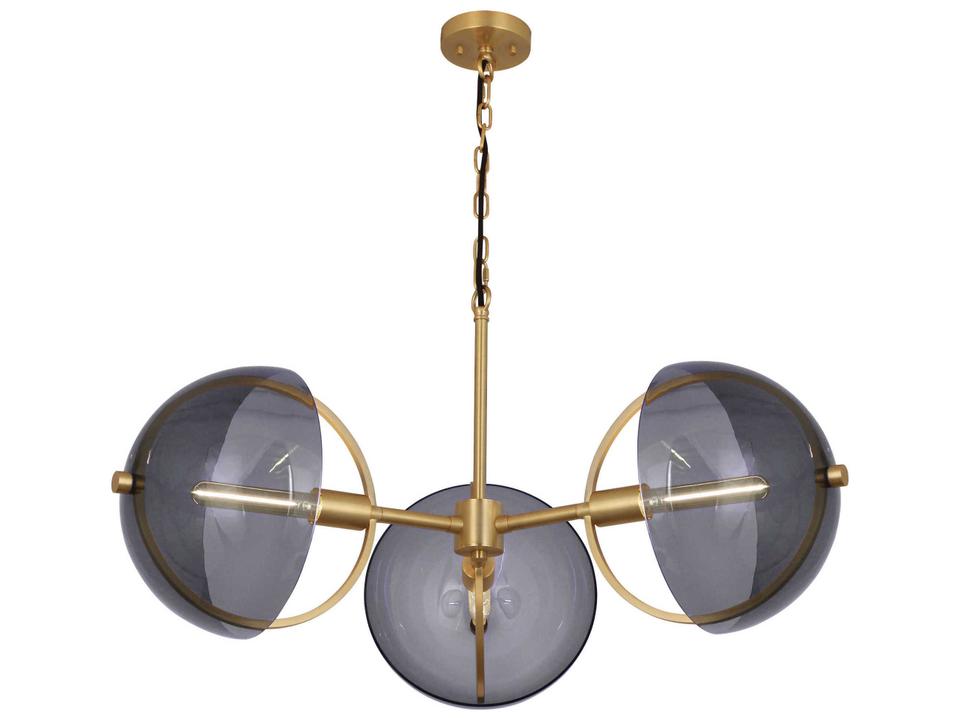 Mavisten Edition Copernica 3 Light Chandelier in Lacquered Burnished Brass and Smoked Glass
