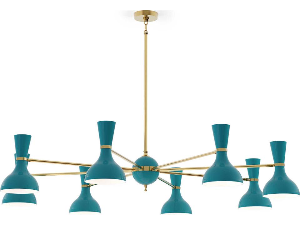 Clare 8 Light Mid Century Modern Chandelier in Modern Brass and Peacock Green