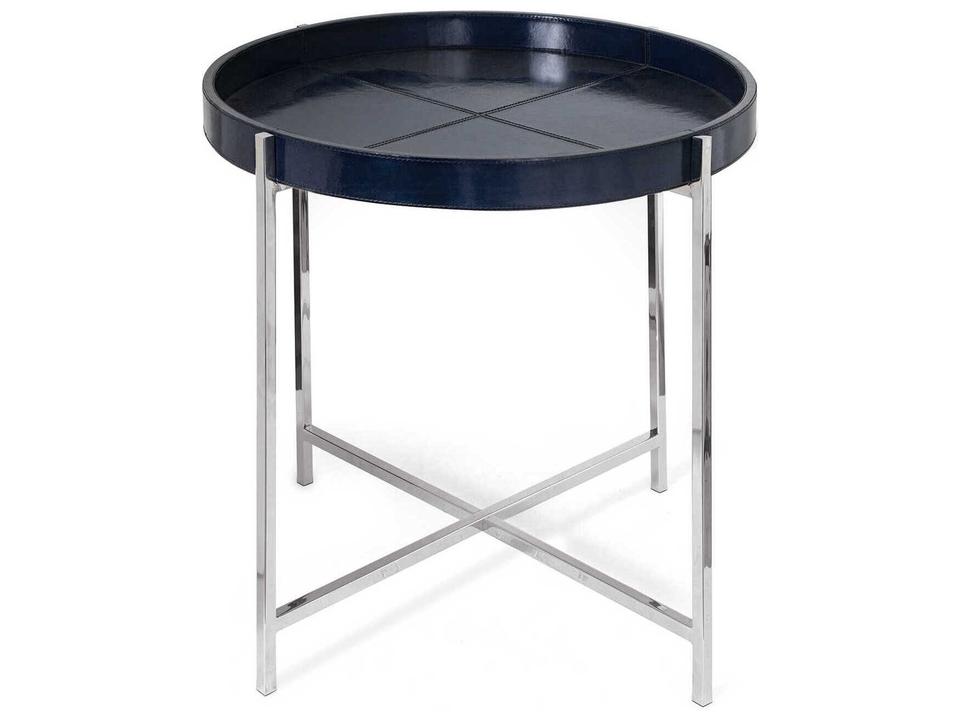 Derby Round Leather End Table in Blue with Polished Nickel