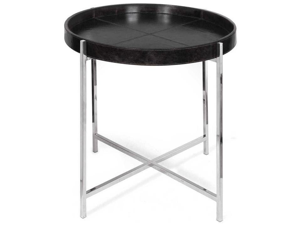 Derby Round End Table with Black Leather and Polished Nickel