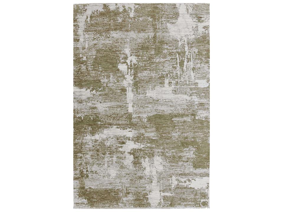 Blake Abstract Brushstroke Fringed Area Rug in Green Brown and Beige