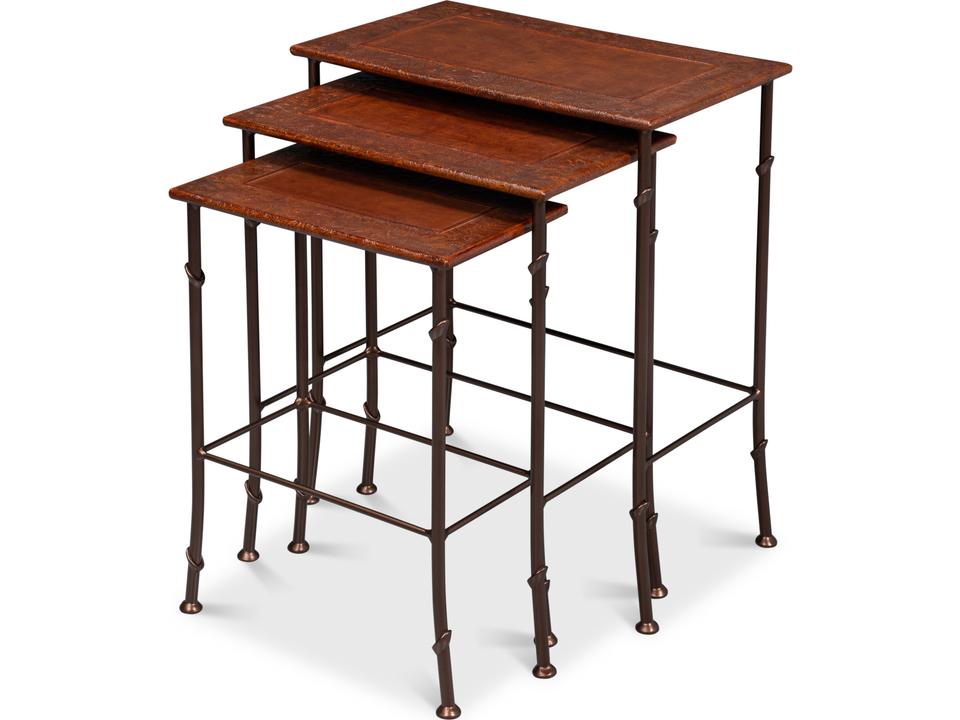 Kew Gardens Leather Nesting Tables Set of 3 with Faux Bamboo Detail