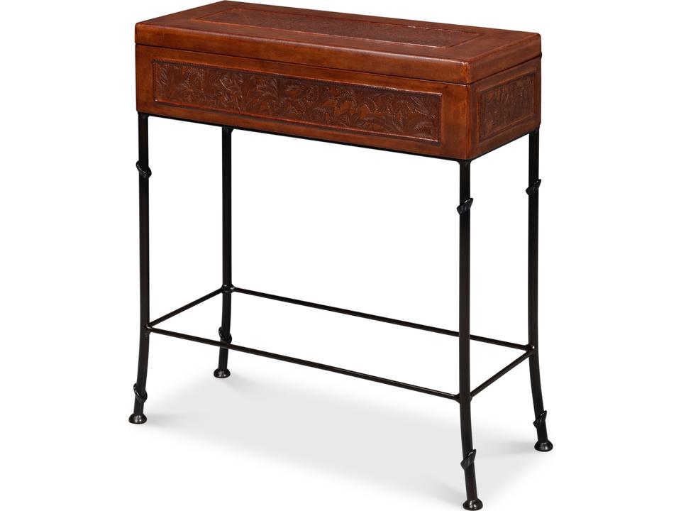 Botanical Leather Box On Stand in Brown with Faux Bamboo Iron Base