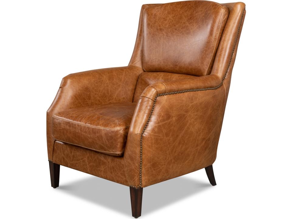 Baker Leather Accent Arm Chair in Cuba Brown with Nailhead Trim