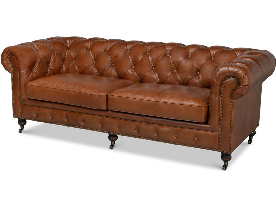 Castered Chesterfield Sofa in Vintage Havana Brown Leather