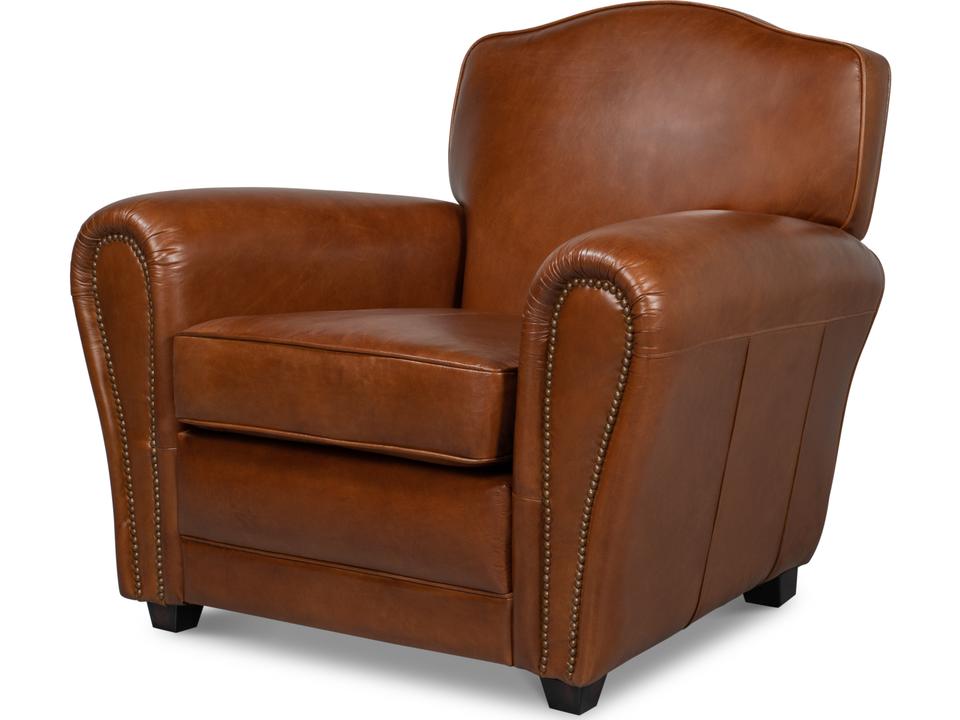 Elite French Club Chair in Vintage Havana Leather with Nailhead Trim