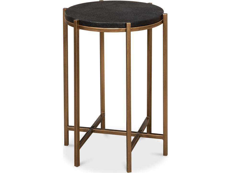 Stillwell Round Side Table in Black Natural Leather and Antique Gold Iron