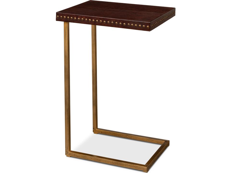 Transitional Laptop End Table Brown Leather Antique Brass