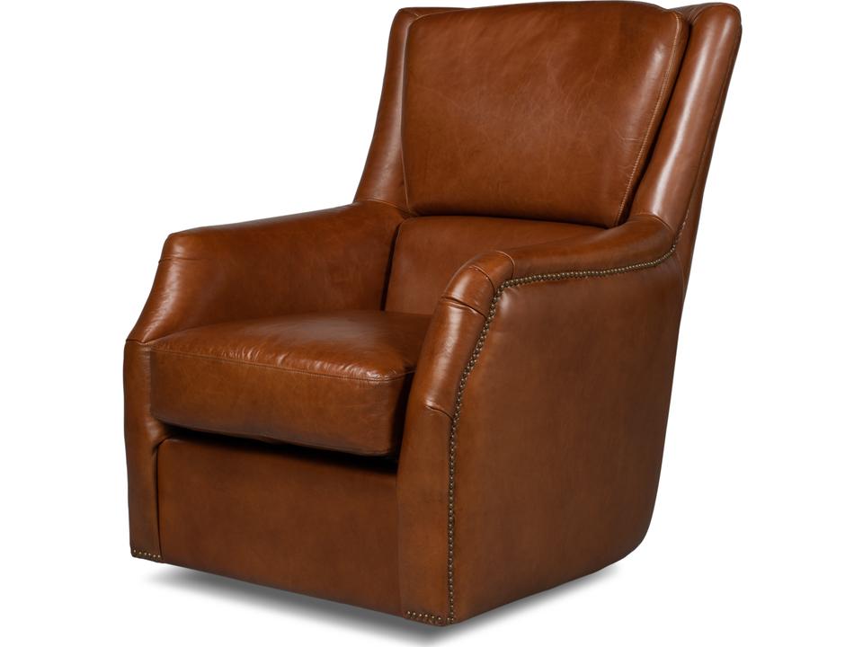Baker Leather Swivel Accent Chair in Havana Leather