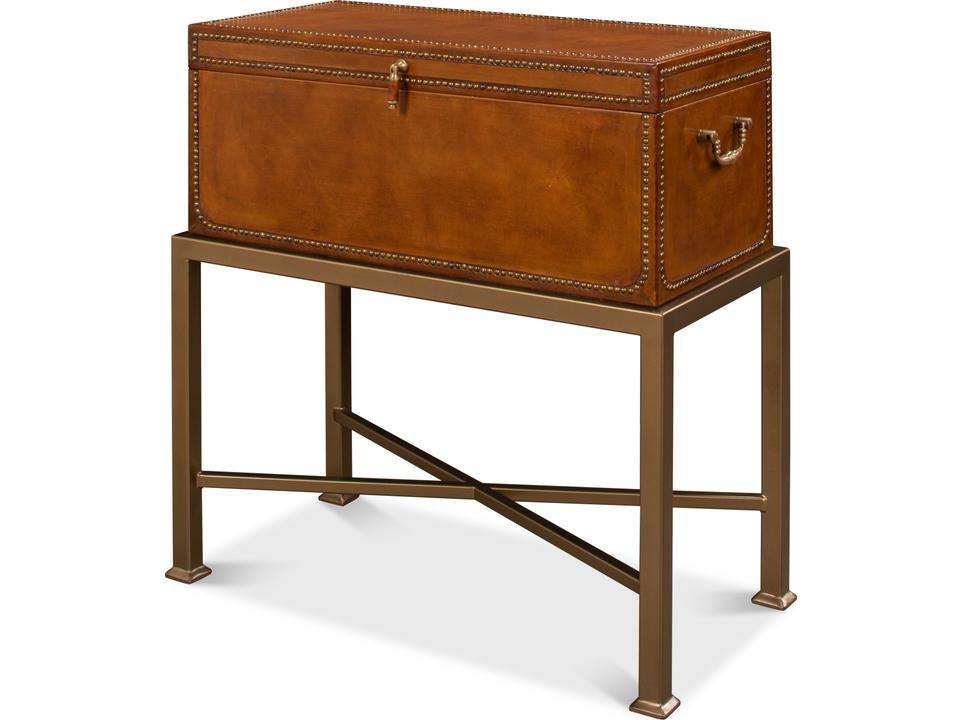 Remington Leather Box On Stand in Brown with Brass Trim